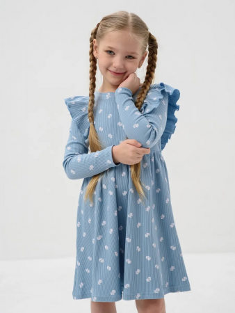 Детское платье "Бетти" длинный рукав / Голубой (цветочки)