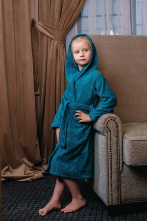 Детский махровый халат с капюшоном / морская волна
