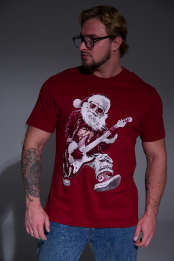 Мужская футболка 8581 / бордо+Д мороз с гитарой
