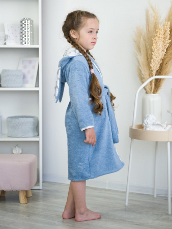 Детский махровый халат "ЛАПУШКА" с капюшоном / лазурный, ушки-зайчики
