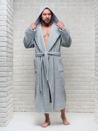 Мужской махровый халат PandaHug с капюшоном / светло-серый