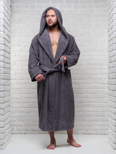 Мужской махровый халат PandaHug с капюшоном / темно-серый