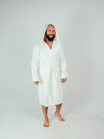 Мужской махровый халат PandaHug с капюшоном / белый