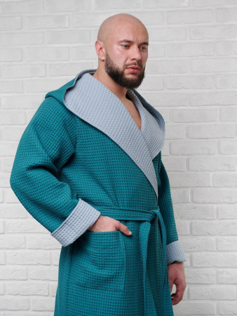 Мужской вафельный халат с капюшоном двухцветный / малахит