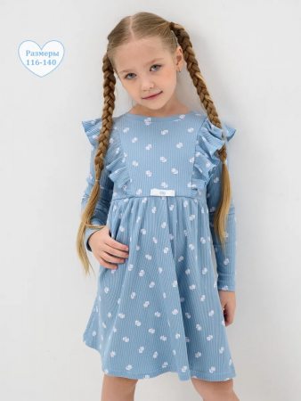 Детское платье "Бетти" длинный рукав / Голубой (цветочки)