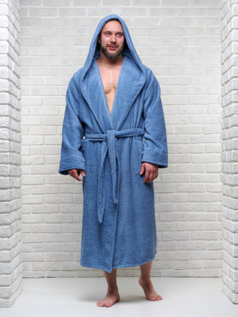 Мужской махровый халат PandaHug с капюшоном / лазурный