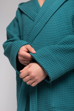 Мужской вафельный халат PandaHug Orlando с капюшоном / малахит