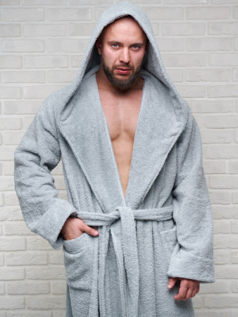 Мужской махровый халат PandaHug с капюшоном / светло-серый