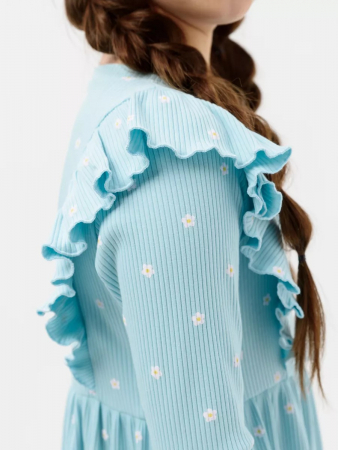 Детское платье "Бетти" длинный рукав / Голубой (цветочек)