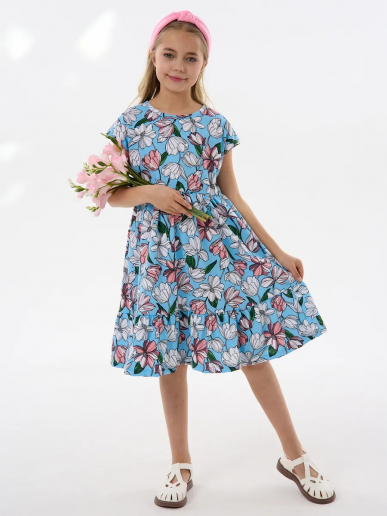 Детское платье "Ласточка" / Розовые тюльпаны на голубом