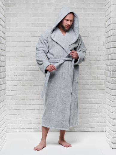 Мужской махровый халат PandaHug с капюшоном / светло-серый