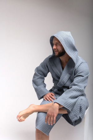 Мужской вафельный халат PandaHug Orlando с капюшоном / серый