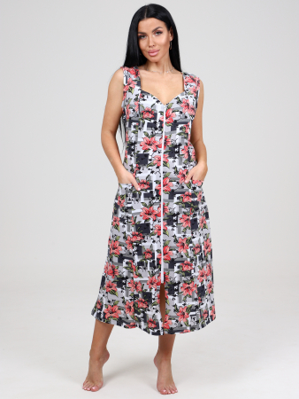 Женский сарафан ШИРОКАЯ БРЕТЕЛЬ СК-563 / Красные лилии на сером
